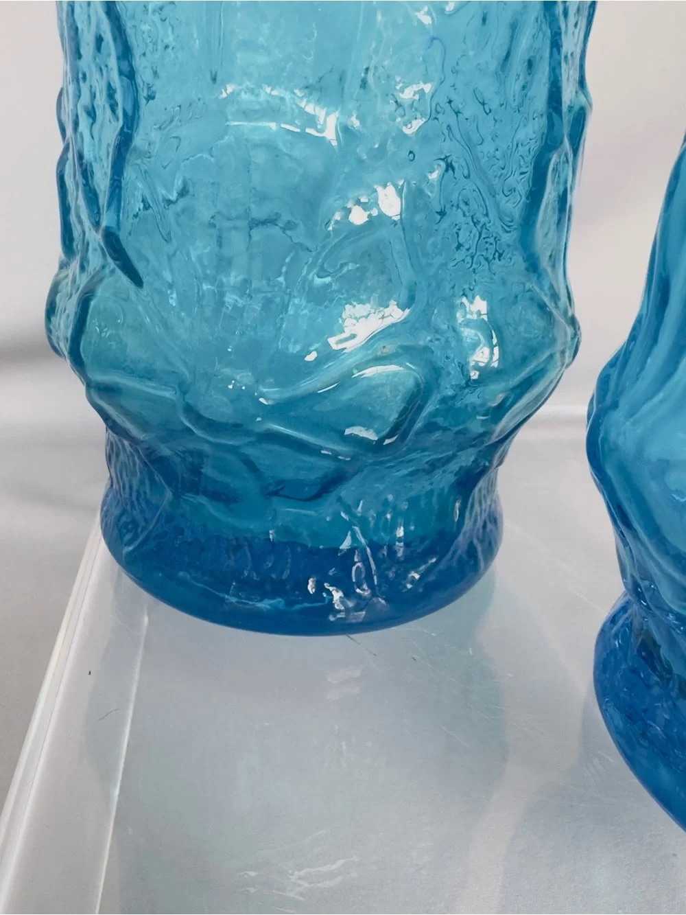 Handblown Textured Blue Glass Tumblers - Pair Anchor Hocking Rain Flower 70